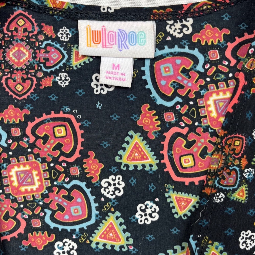 LuLaRoe Joy Vest Womens Medium Black Geometric Kaleidoscopic Longline Open Front